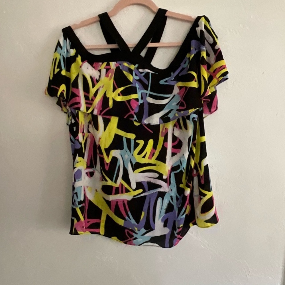 INC International Concepts Graffiti Cold Shoulder Ruffle Top Medium